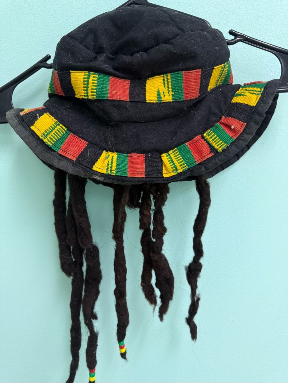 Black Bucket Hat with Red, Yellow & Green Trim and Dreadlock Accents